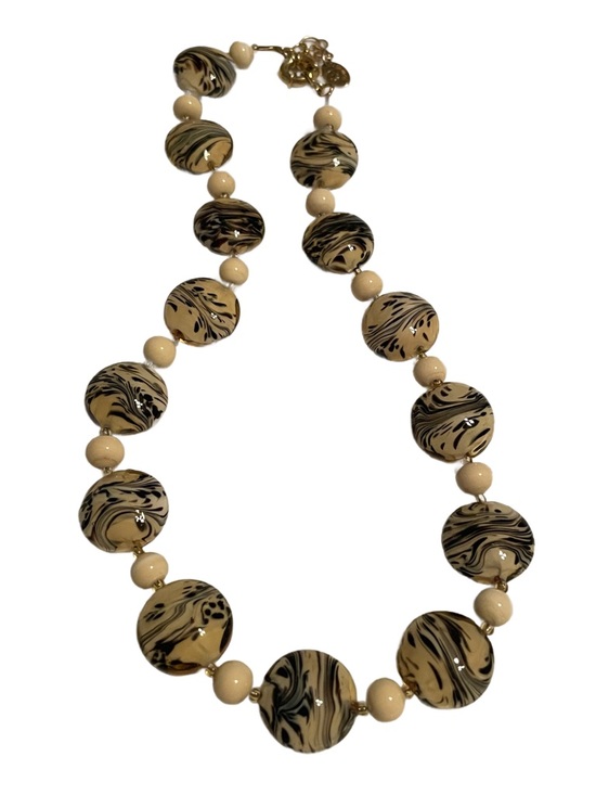 Artisan Jewelry - Handmade Beige and Black Swirl Glass Beaded Necklace